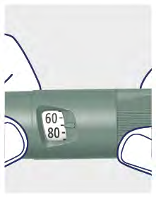Penna iniettabile verde con display numerico 60-80 tenuta da due dita blu su sfondo bianco