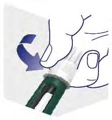 Mano che afferra un dispositivo iniettore verde con ago protetto e freccia blu che indica la rotazione per l