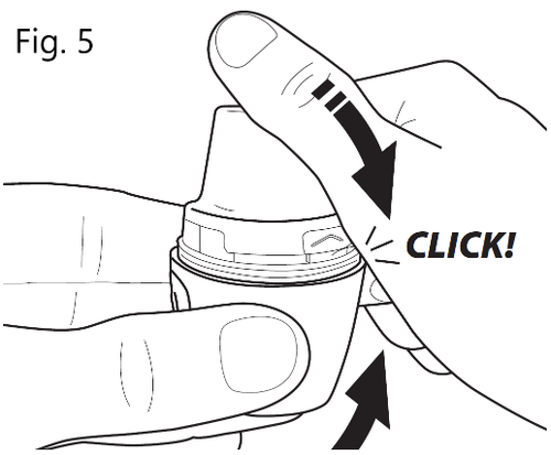 Mano che ruota un dispositivo penna con freccia e scritta CLICK per indicare l