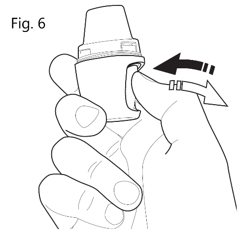 Mano che afferra un dispositivo medico con un meccanismo di rotazione indicato da una freccia e linee tratteggiate