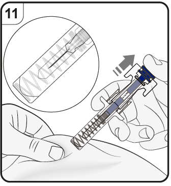 Mano che tiene una siringa preriempita con ago inserito nella pelle, freccia indica direzione di iniezione, dettaglio ingrandito dell