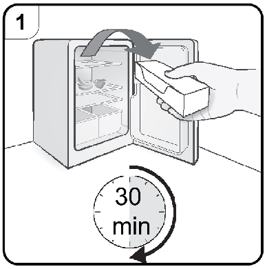 Frigorifero aperto con mano che estrae una cartuccia medicinale e orologio che indica 30 minuti