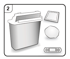 Contenitore per rifiuti con sacchetto interno, tampone sterile, cerotto adesivo e batuffolo di cotone su sfondo grigio