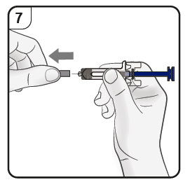 Mano che tiene una siringa preriempita con ago inserito, freccia indica la direzione di iniezione sottocutanea e pistone tirato