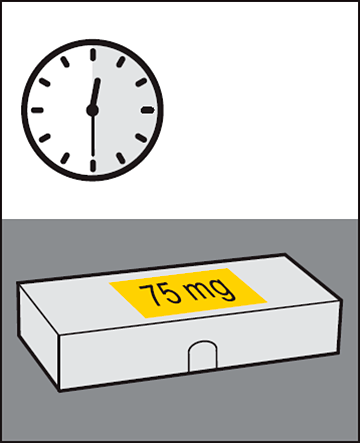 Orologio che indica le 10:10 sopra una compressa rettangolare bianca con la scritta gialla