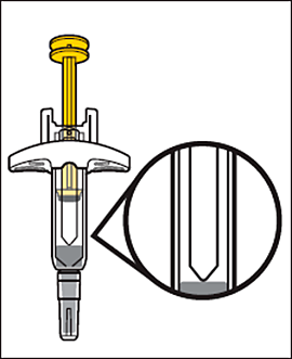 Siringa pre-riempita con ago protetto da cappuccio giallo e ingrandimento del meccanismo di rilascio del farmaco