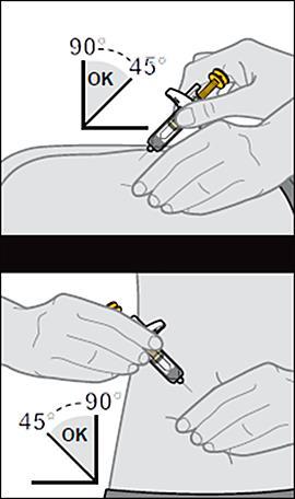 Mano che tiene una siringa preriempita inclinata a 45&deg; per l