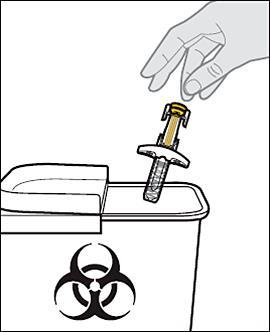 Mano che inserisce un ago usato in un contenitore per rifiuti speciali con simbolo di rischio biologico