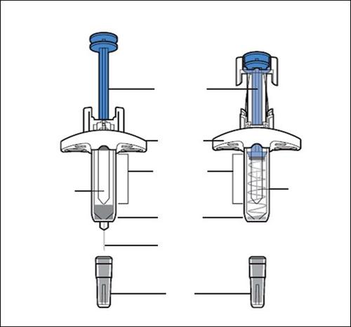 Dispositivo autoiniettante con stantuffo visibile in sezione trasversale e componenti separati inclusi ago e tappo protettivo