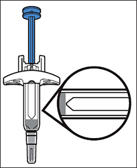 Dispositivo autoiniettante blu e bianco con ingrandimento circolare che mostra l