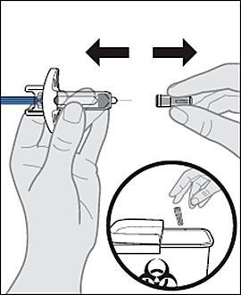Mano che tiene un autoiniettore con frecce bidirezionali e un cerchio che mostra un contenitore per oggetti appuntiti con simbolo biohazard