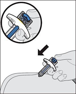 Dispositivo autoiniettante con ago esposto premuto sulla pelle del braccio da una mano freccia indica direzione di pressione