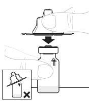 Fiala di medicinale con tappo in gomma e ago che penetra verso il basso con freccia indicante la direzione