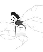 Mani che ruotano un tappo nero su un flacone di vetro trasparente con simboli di croce e freccia indicata