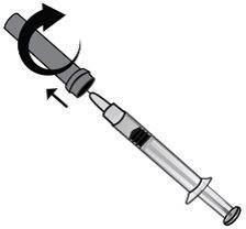 Siringa con ago collegato e freccia curva che indica il movimento di avvitamento e freccia che indica la direzione di inserimento