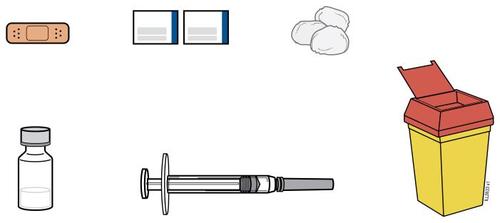 Cerotto, due fiale, batuffoli di cotone, contenitore per rifiuti sanitari aperto e siringa con ago e flacone medicinale