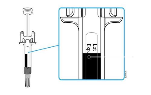 Siringa preriempita con stantuffo nero e indicatore di livello del farmaco, evidenziato il lotto e la data di scadenza