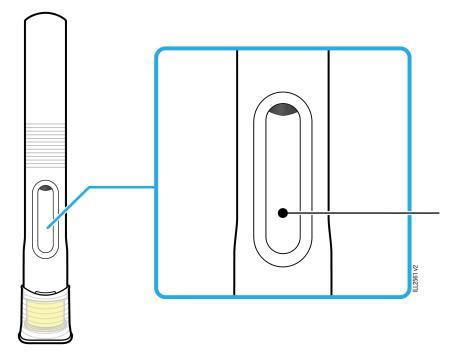 Penna iniettabile con indicazione del pulsante di rilascio del farmaco evidenziato da una freccia e ingrandimento