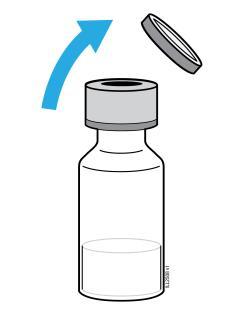 Fiala di vetro trasparente con liquido chiaro e tappo grigio, freccia blu indica rimozione del coperchio protettivo