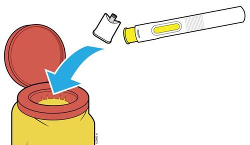 Penna iniettabile con cappuccio protettivo rimosso indicato da una freccia blu sopra il contenitore giallo
