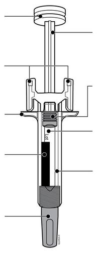 Siringa pre-riempita con stantuffo trasparente, indicazioni di dosaggio e connettore per ago all