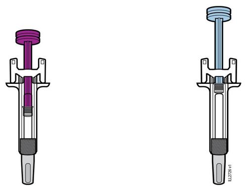 Siringa pre-riempita con stantuffo trasparente e tappo blu, due viste laterali con indicazioni di scala graduata
