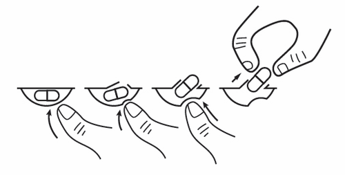 Mano che afferra e ruota un dispositivo penna con ago estraibile in quattro fasi successive indicate da frecce