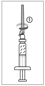 Siringa preriempita con farmaco trasparente e ago, freccia curva indica rotazione per preparazione all