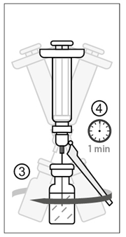 Siringa con ago collegato a flacone medicinale, freccia indica l