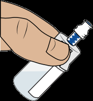 Mano che stringe una fiala di vetro trasparente con liquido blu e tappo bianco a zig zag