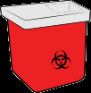 Contenitore rosso per rifiuti speciali con simbolo internazionale di rischio biologico nero su sfondo bianco