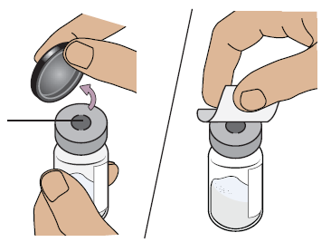 Mani che rimuovono il tappo protettivo e la guarnizione da un flaconcino di medicinale trasparente