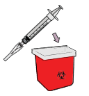 Siringa usata con ago rivolto verso un contenitore rosso per rifiuti speciali con simbolo di rischio biologico