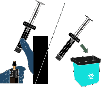 Due siringhe pre-riempite e un contenitore per oggetti appuntiti blu con simbolo biohazard, una mano che inserisce l