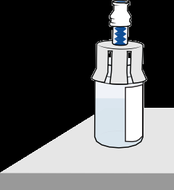 Fiala di vetro trasparente con liquido chiaro e tappo blu a forma di nebulizzatore su superficie grigia