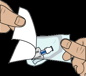 Mani che aprono una bustina metallizzata protettiva rivelando una siringa preriempita con ago blu e protezione trasparente