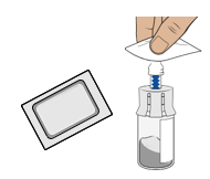 Fiala di vetro con farmaco liquido e tappo bianco accanto a un tampone sterile in confezione aperta