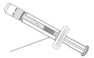 Siringa preriempita con stantuffo visibile e ago sottile collegato, indicazione con linea sottile