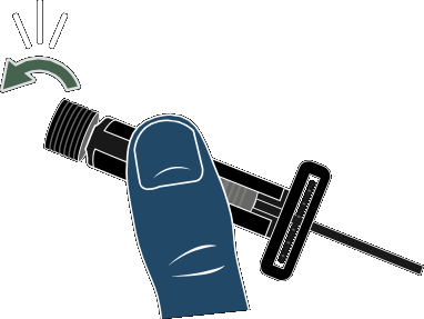 Mano che ruota il cappuccio protettivo di una siringa preriempita con ago nero e supporto stabilizzatore