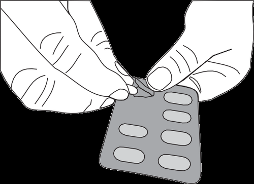 Mani che aprono un blister di compresse farmaceutiche contenente dieci pillole rettangolari di colore grigio