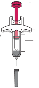 Dispositivo di iniezione con stantuffo trasparente riempito di liquido rosa e ago protetto da cappuccio grigio