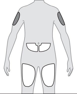 Schiena umana stilizzata con evidenziate aree di applicazione di cerotti o medicazioni su spalle, fianchi e ginocchia