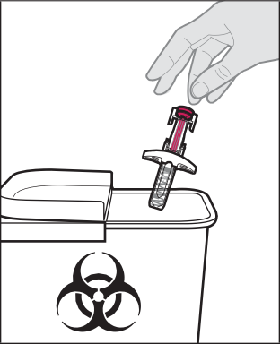 Mano che inserisce un ago usato in un contenitore per rifiuti speciali con simbolo biohazard rosso e nero