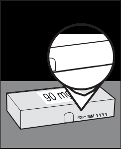 Fiala di vetro con striature orizzontali e ago che penetra nel tappo in gomma con indicazione di dose 90 mg e data di scadenza