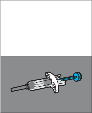 Siringa preriempita con stantuffo azzurro e ago metallico su sfondo grigio