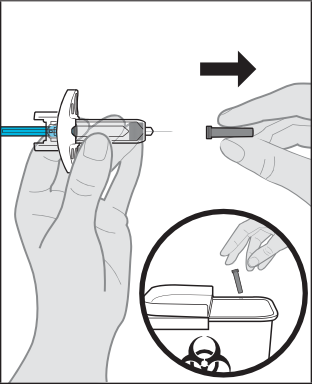 Mano che tiene un autoiniettore con ago esposto e freccia che indica la direzione di inserimento con dettaglio di contenitore rifiuti biologici