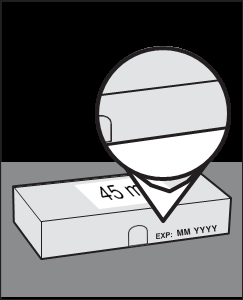 Fiala di medicinale con indicazione di dose 45m e data di scadenza EXP: MM YYYY ingrandita da lente d