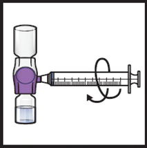Dispositivo inalatore viola con serbatoi trasparente sopra e sotto collegati ad un boccaglio e freccia curva che indica l