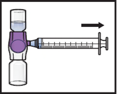 Fiala di vetro collegata a una siringa viola con ago trasparente e stantuffo nero una freccia indica la direzione