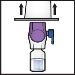 Dispositivo viola e bianco con serbatoio trasparente e manopola blu collegato a una membrana filtrante bianca